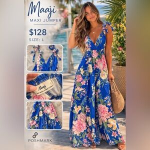 Maaji Blue Floral Maxi Jumper / Tie Shoulder Romper – Size L– Tropical Outfit